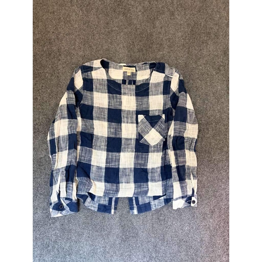 Cloth & Stone Navy Blue White Buffalo Plaid Split Back Long Sleeve Top Small